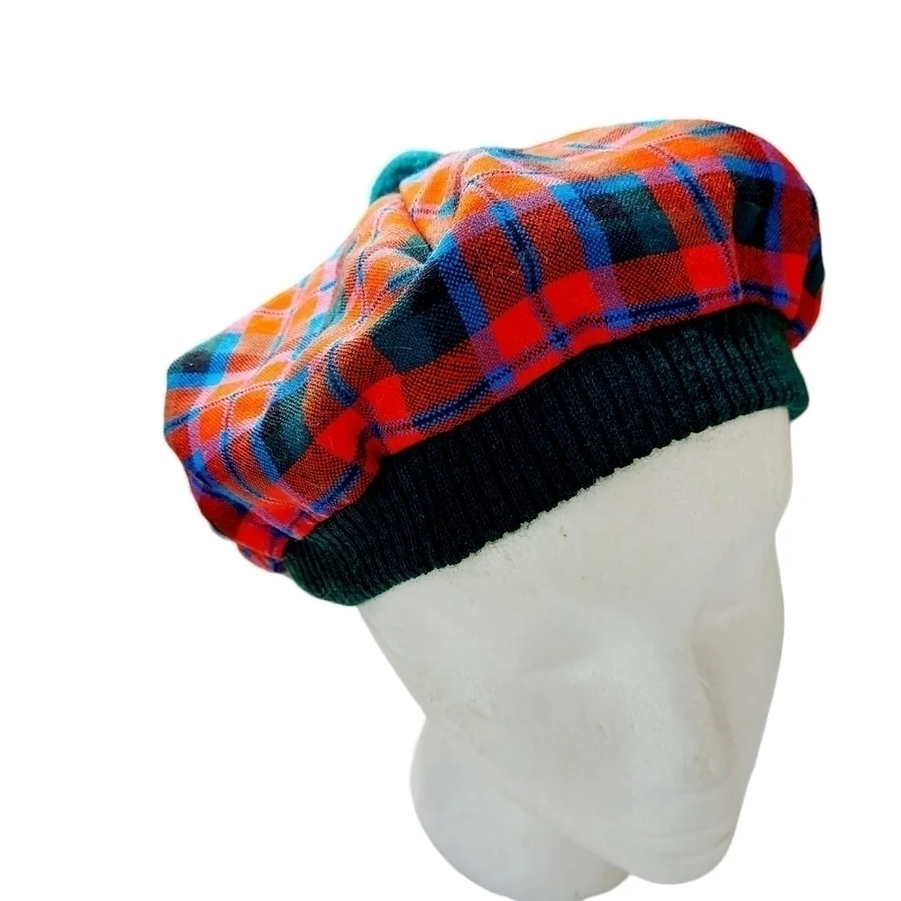 VTG Scottish Tam O'Shanter Beret Pom Pom Plaid 100% Wool Lined Made in Scotland - Picture 10 of 16